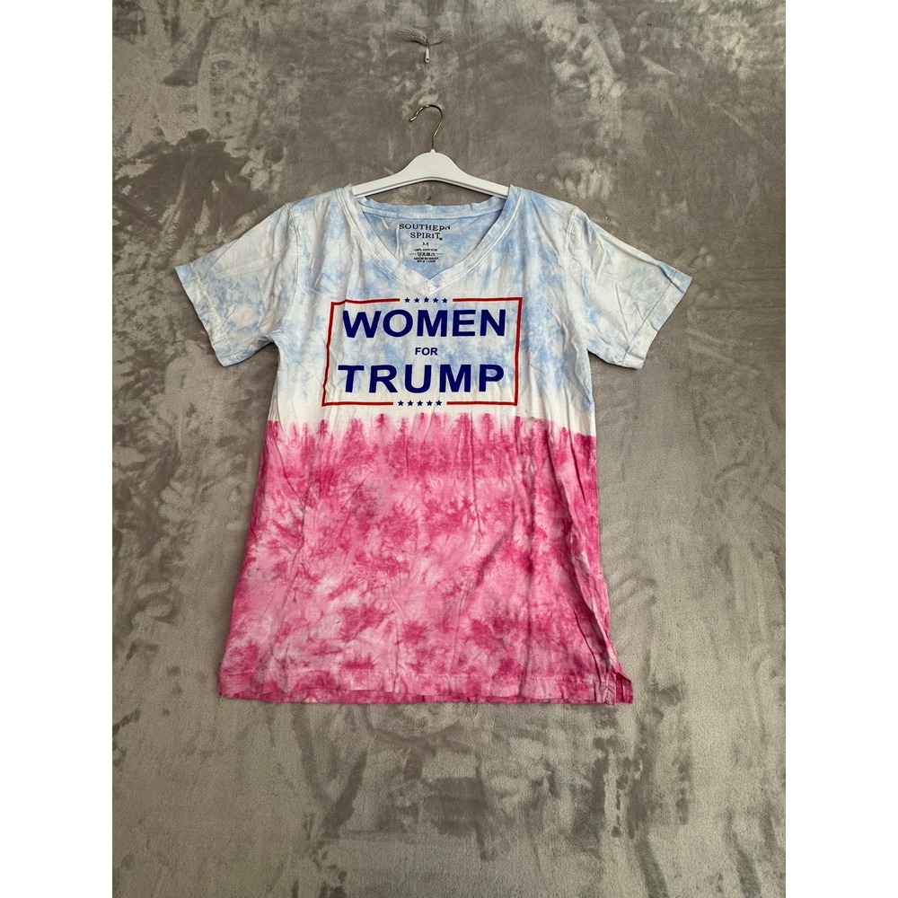 Southern Spirit Women for Trump Tie Dye V Neck T Shirt M Blue Pink Cotton